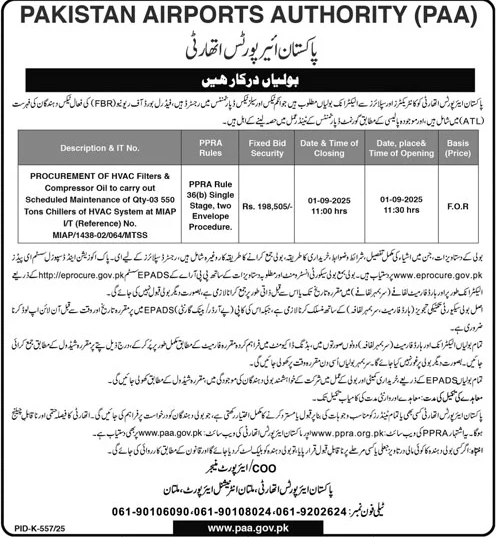 Pakistan Airports Authority Karachi Tender Notice